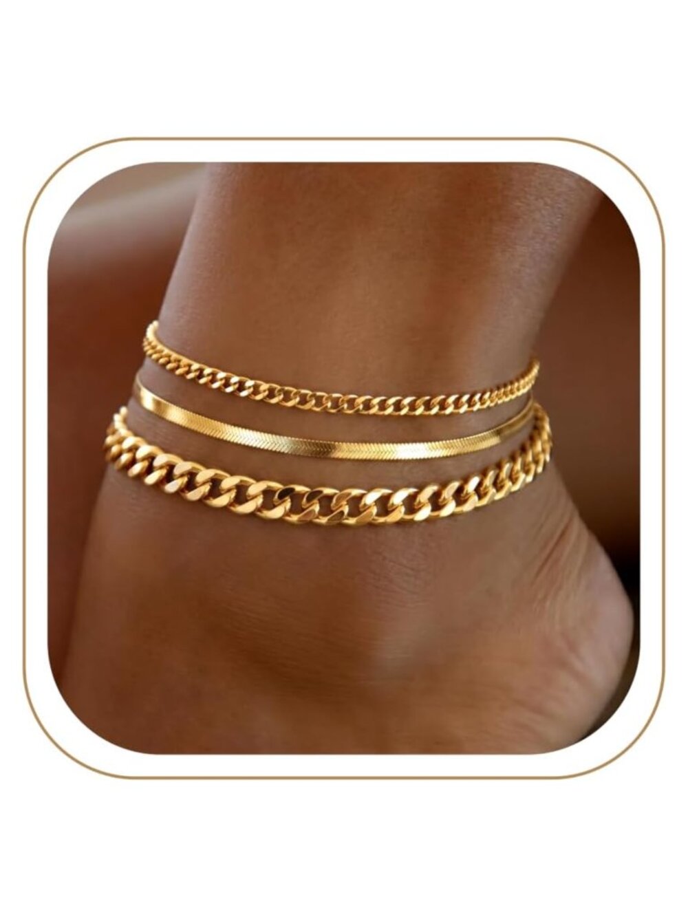 14K Gold Plated Anklet Set Waterproof Cuban Figaro Herringbone